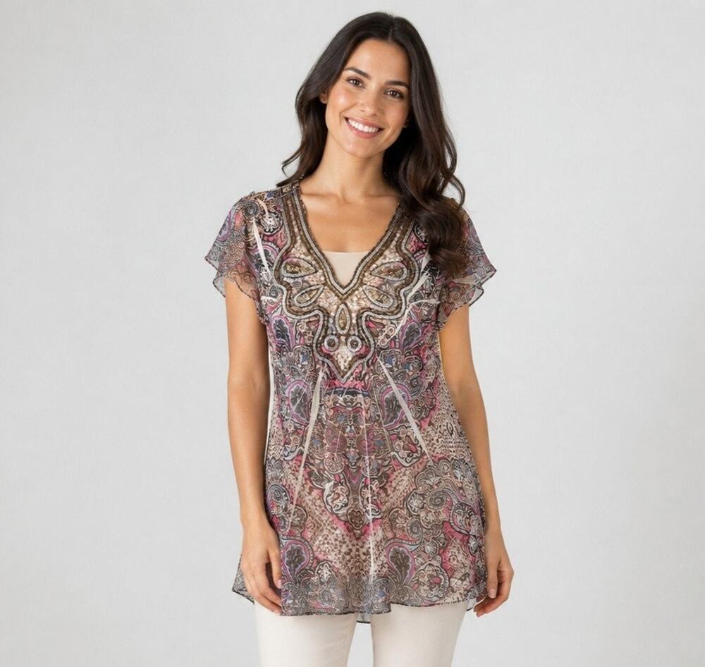 One World Live & Let Live L Paisley Sequin Embellished Flutter Sleeve Tunic Top